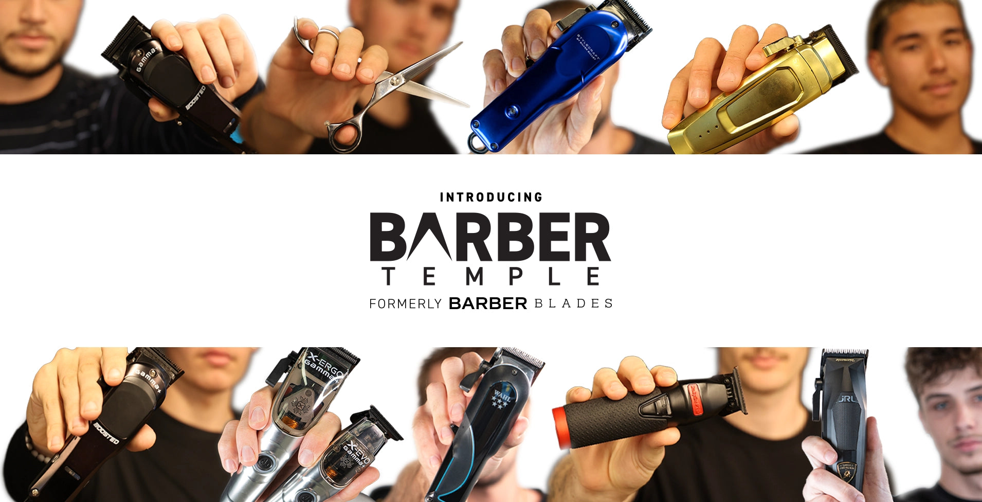 Promotional image for Barber Temple with various hair cutting tools and a collage of people using them.